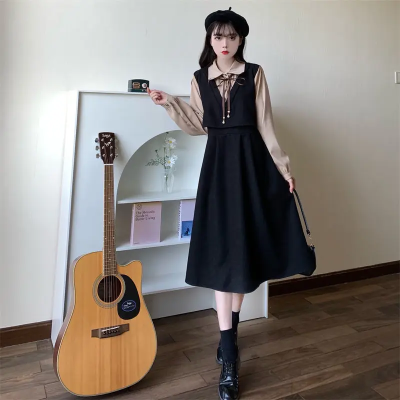 Vintage Patchwork Dress Long Sleeve Spring Autumn Preppy Style Temperament Clothing Fake Two Piece Female Slim Women Dresses