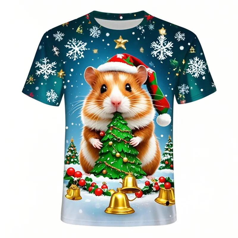 New Cute Animal 3D Hamsters Printing T Shirt Merry Christmas Circetidae Graphic Tee Shirts Kid Funny Short Sleeves Mens Clothing