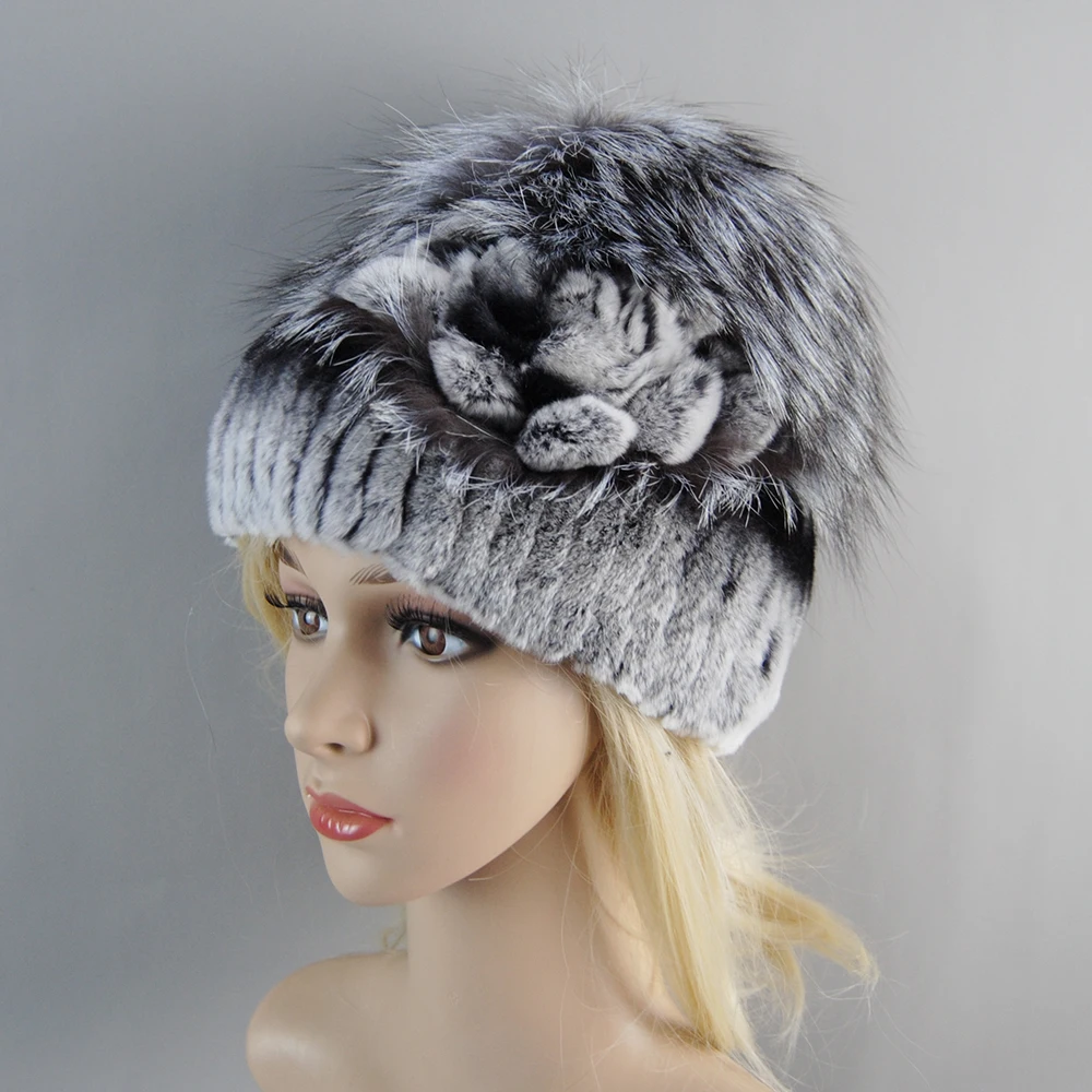 Sombrero de piel de conejo Rex para mujer, gorro cálido de punto, cosido a mano, Floral, elegante, frío, peludo, Natural, invierno, 2024