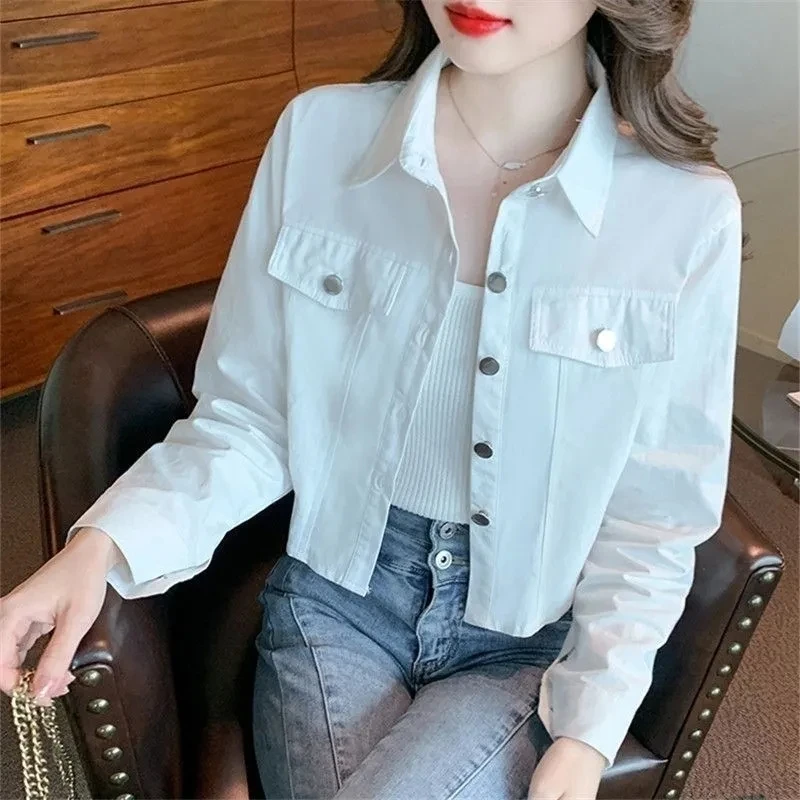 

Women's Jacket Outerwears 2024 Autumn New Shirt Short Style Simple Casual Polo Collar Workwear Jackets Top Chaquetas De Mujer