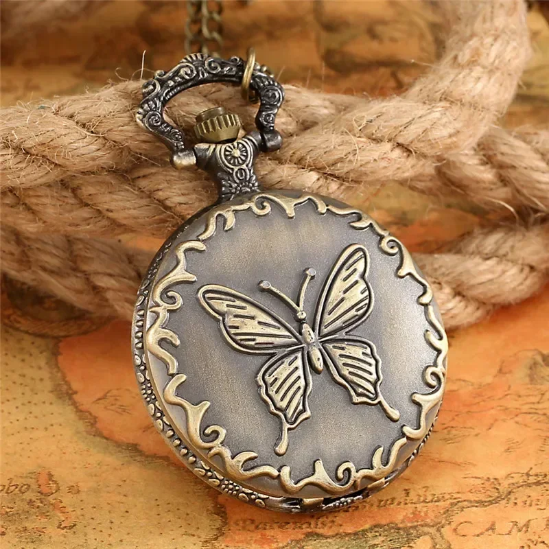 

Antique Vintage 3D Butterfly Pocket Watch Bronze Men Women Quartz Analog Watches Arabic Number Clock Necklace Chain Gift Reloj