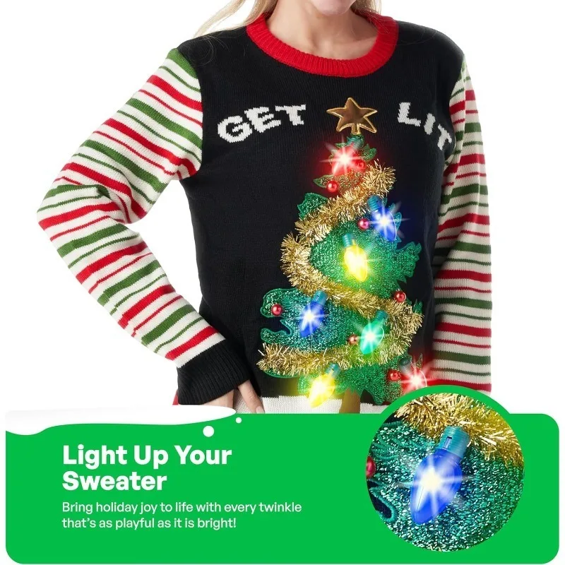 JOYFY المرأة مصباح ليد حتى مضاءة شجرة عيد الميلاد القبيح عيد الميلاد سترة المدمج في مصابيح كهربائية مخطط البلوز سترة هدية