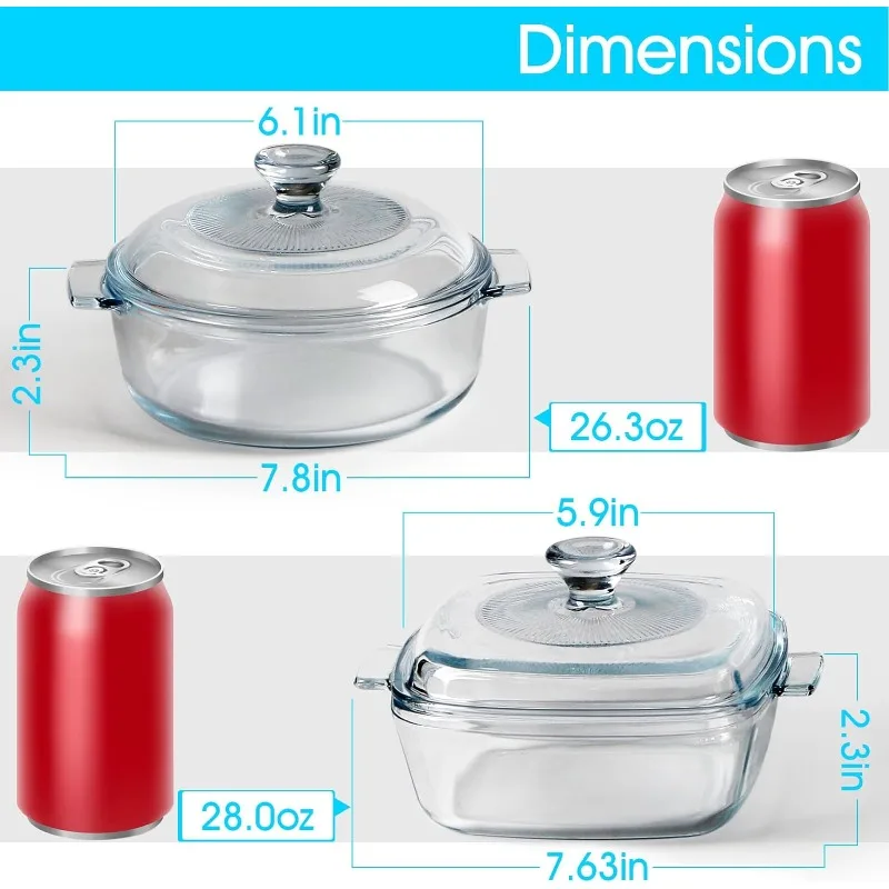 Mini Glass Casserole Dish Set with Lid Oven Safe Casserole Dish Set 2Pack (5.9in Square+6in Round),Glass Microwave Bowl With Lid