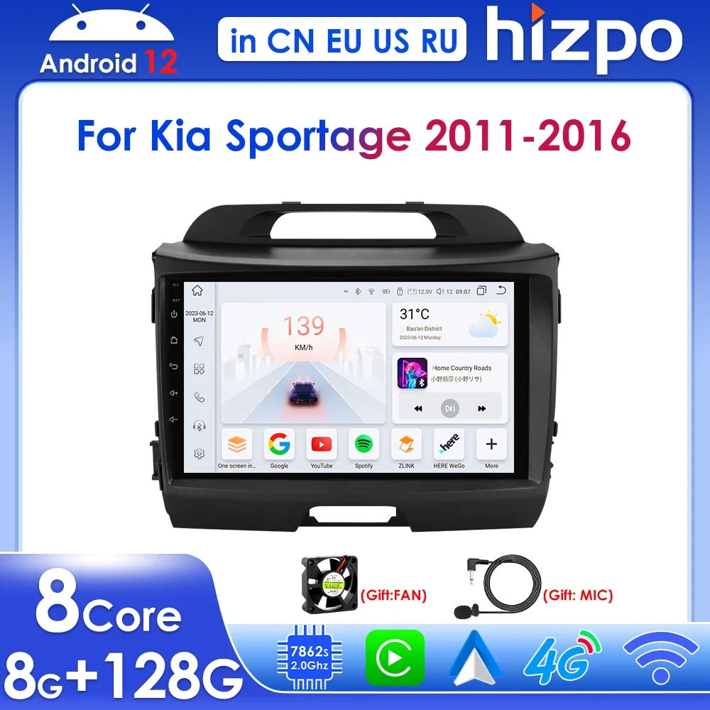 

Hizpo 2 Din Car Radio Android 12 Carplay for KIA Sportage 3 2010-2016 Multimedia Player GPS Navigation Stereo SWC BT DSP RDS 4G