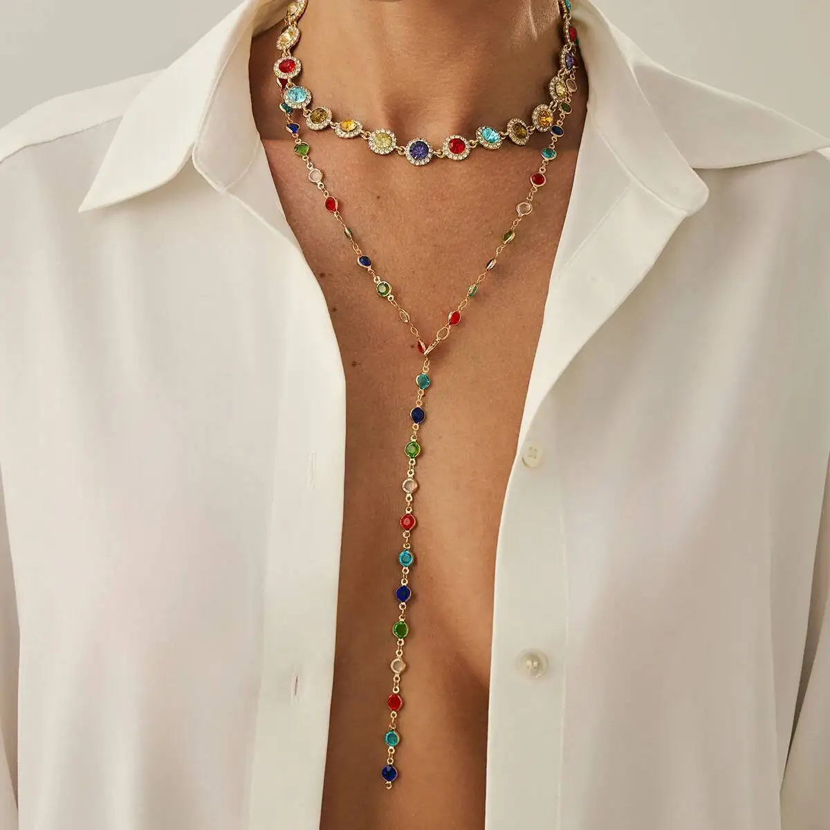 SHIXIN 2Pcs Elegant Colourful Crystal Chain Long Necklace Women Exquisite Y-shaped Pendant Choker Sweater Chain Wedding Jewelry