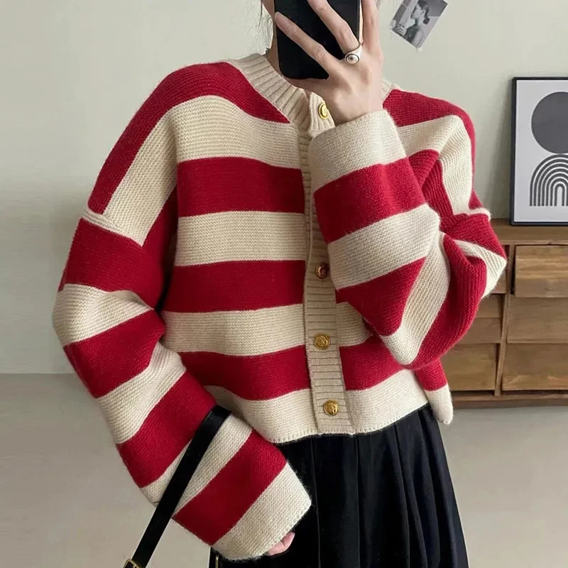 

Striped Knitted Cardigans Women 2023 Autumn Winter Button Up Loose Cardigan Sweaters Woman Korean Style Long Sleeve Knitwear
