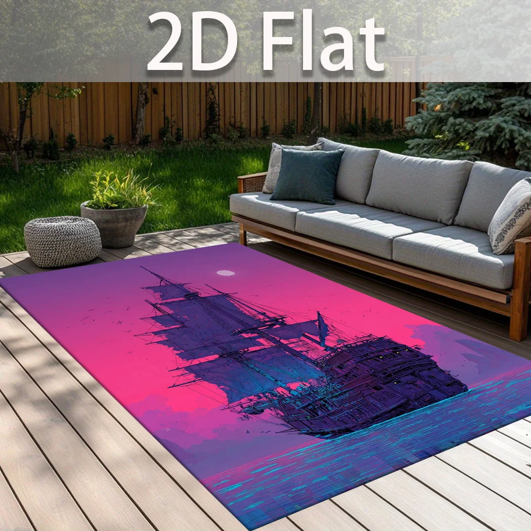 Sailing Ship Rug Neon Sunset Ocean Printed Home Carpet Soft Non-Slip Flannel Floor Mat Pirate Boat Decor