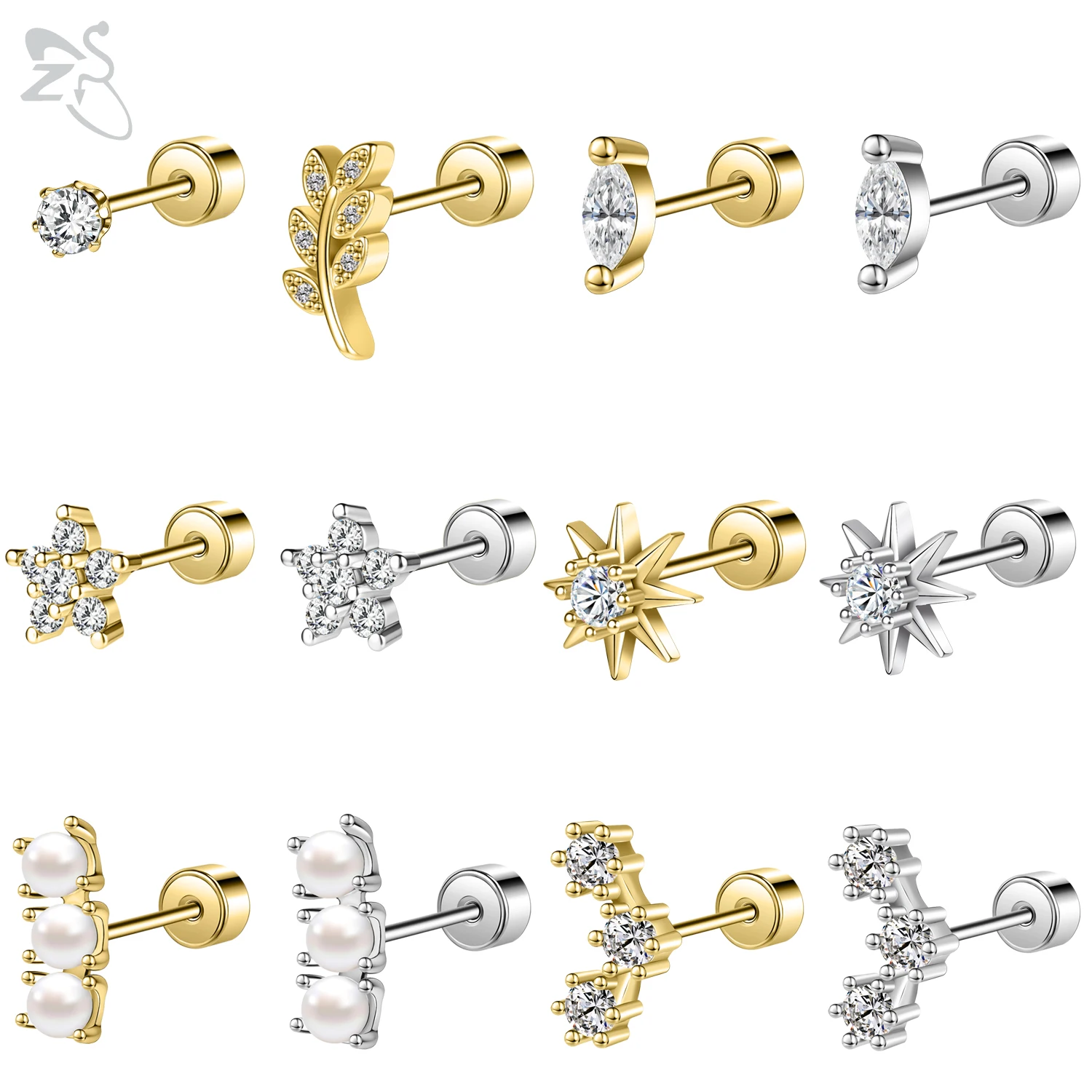 ZS 2 unids/lote pendientes con forma de flor pendientes de acero inoxidable 316L pendientes de cartílago de perla de cristal Piercings de oreja de corazón 20G