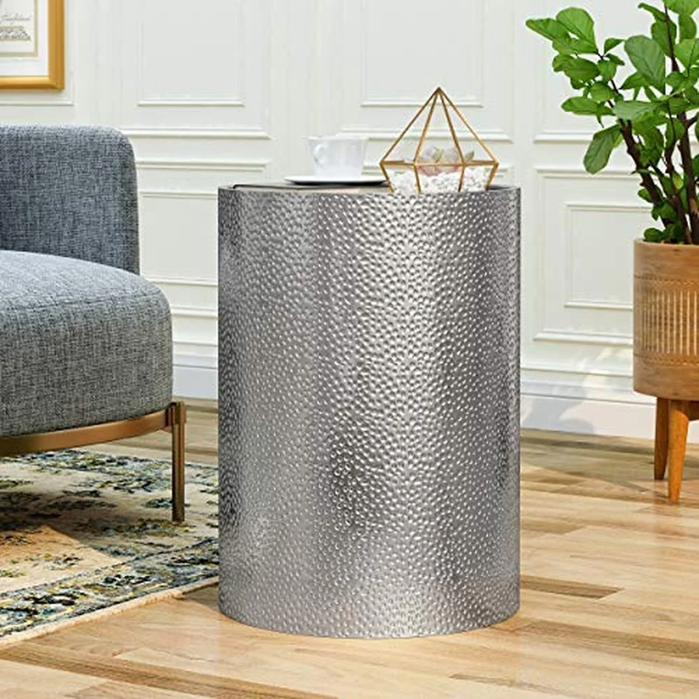 Rache Modern Round Accent Table with Hammered Iron Silver 16 in x 16 in x 22.25 in