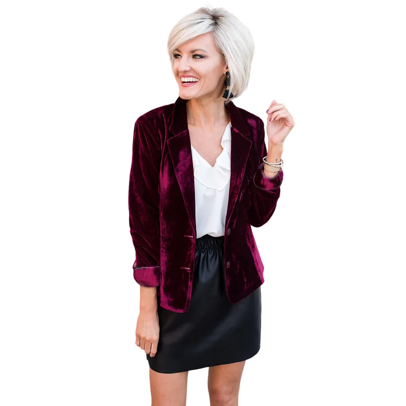 Green Velvet Suit Jacket Office Ladies Jacket Female Elegant Two Buttons Long Sleeve Party Blazer   Tops