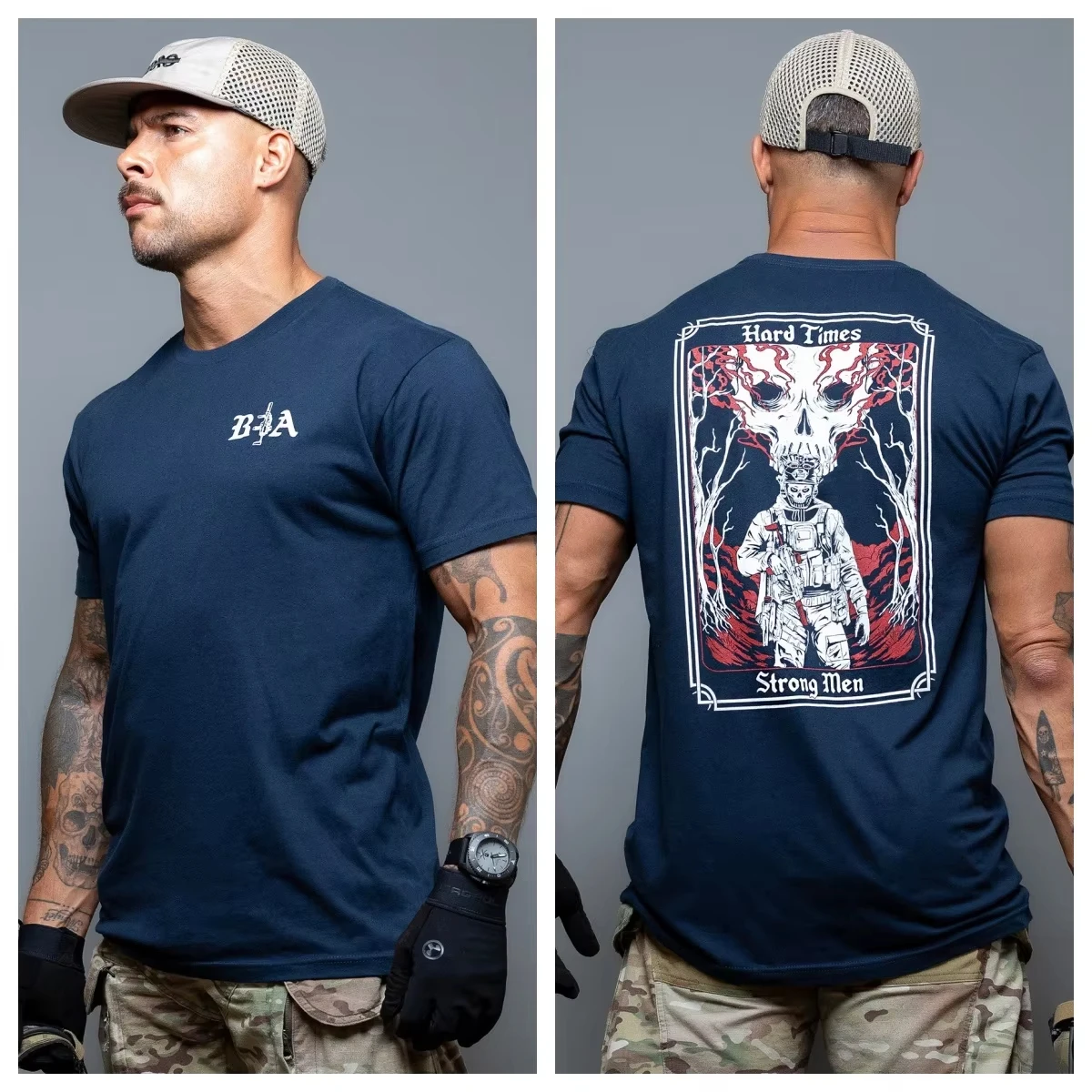 Unisex Graphic T Shirt Brothers in Arms Flaming Skull Tactical Operator Double Side Print Hard Times Strong Men