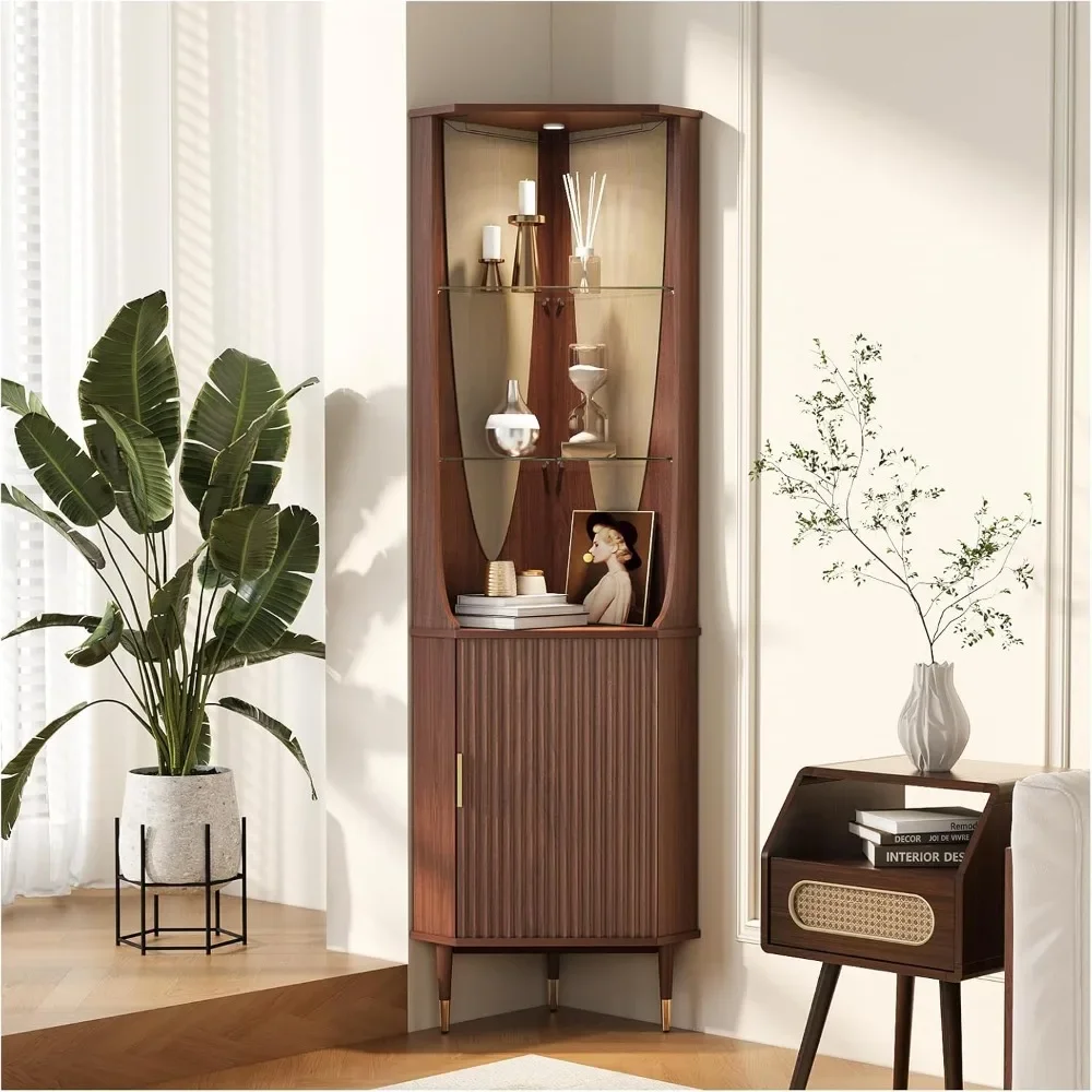 

70" Tall Corner Cabinet,Mid Century Modern Fluted Storage Cabinet with Glass Shelves,Corner Bar with Door & Lighting