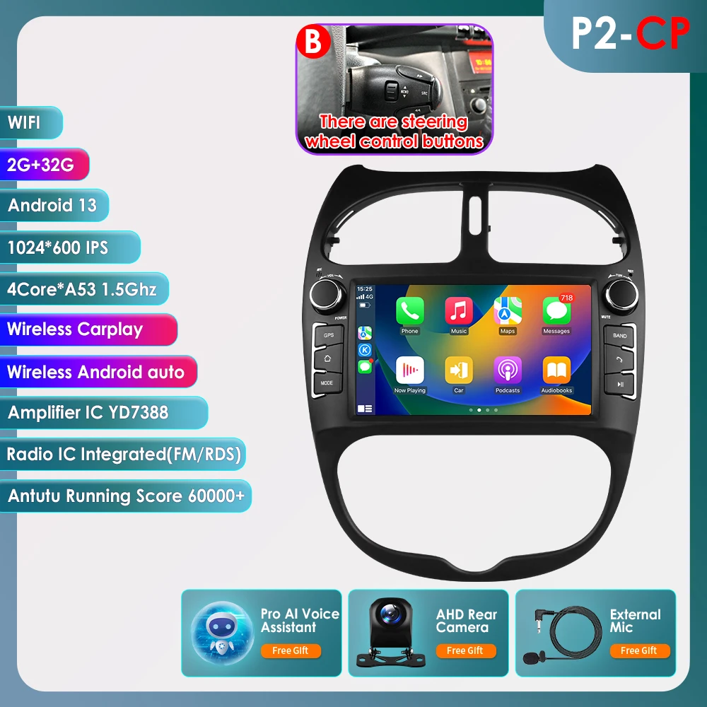 Hizpo 7 inch 2Din Android Autoradio Voor Peugeot 206 206CC 206SW 2000-2008 Multimedia Speler navigatie GPS Carplay 4G DSP RDS BT