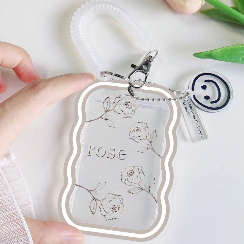 Rose Pattern Transparent Wave Card Holder Bus Card Protection Cover, Meal Card Cover, Student ID Cover, Spring Pendant Keychain