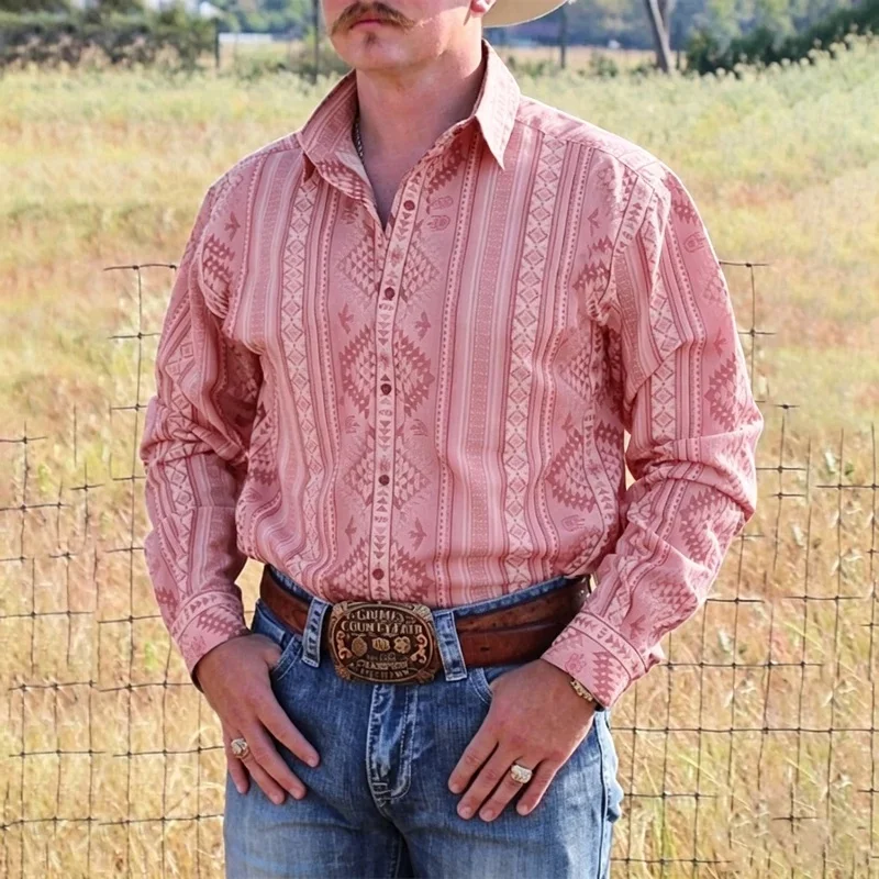 Men's Long Sleeve Western Retro Navajo Ethnic Print Shirt, Country Cowboy Collar Casual Blouse view 6