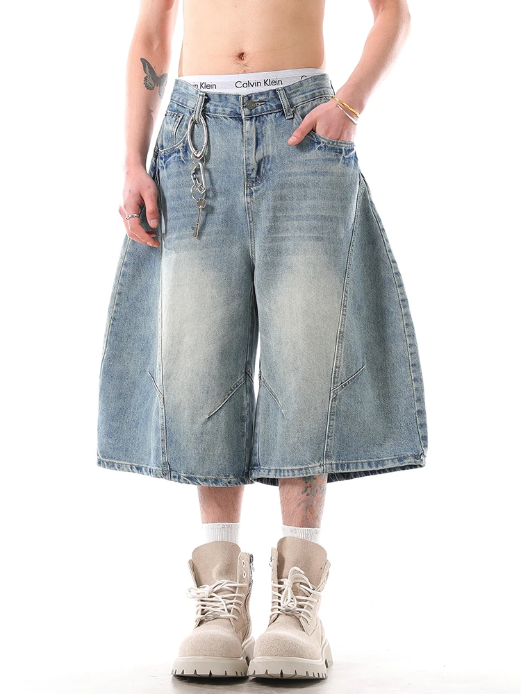 Retro American Distred Knife  Jeans Men's Summer Streetwear Loose Casual Wide Leg orts Straight Leg Fit Jeans