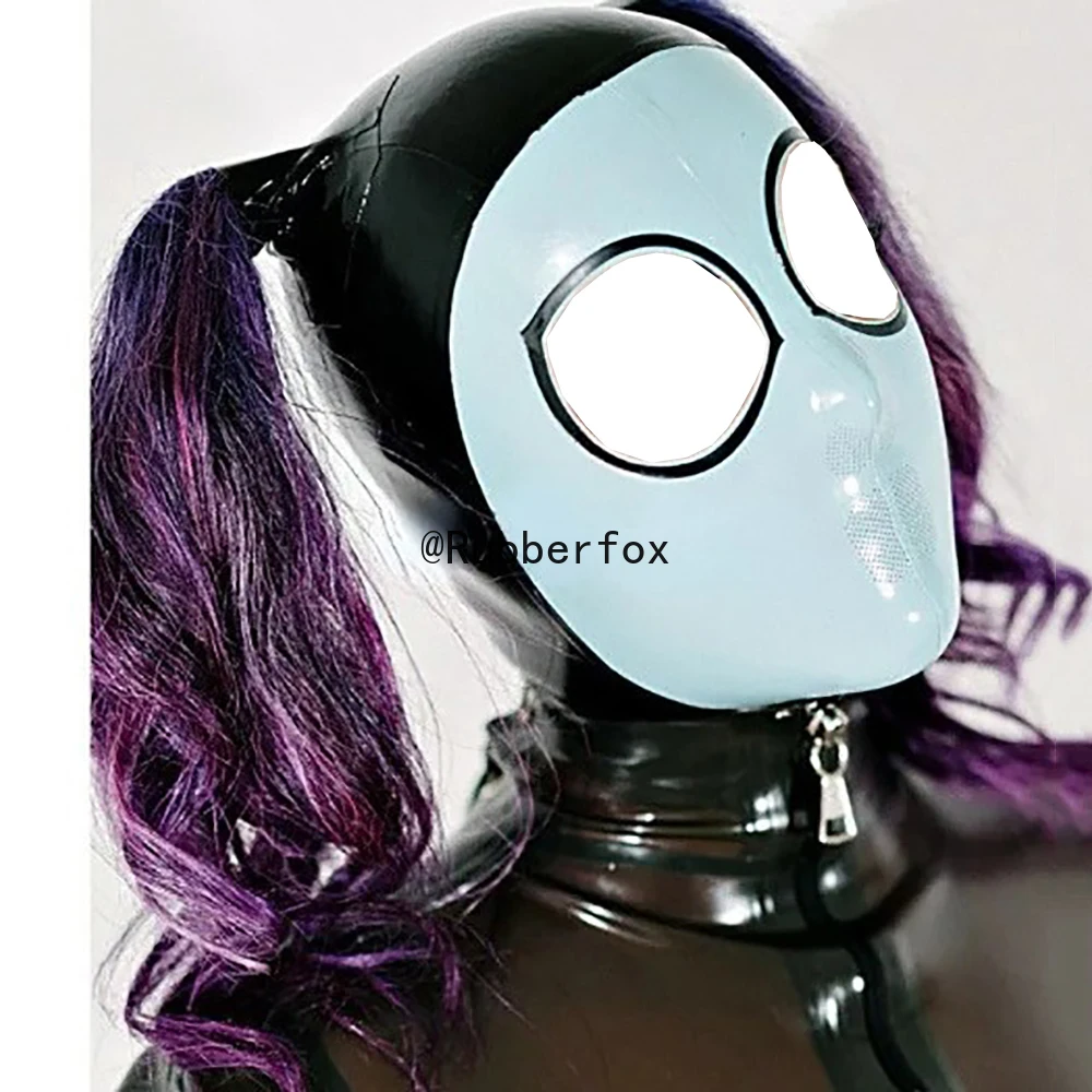 

Customized Latex Hood Mask Micropores Mouth with Double Pigtails Rubber Mask Catsuit Party Wear Club Cosplay