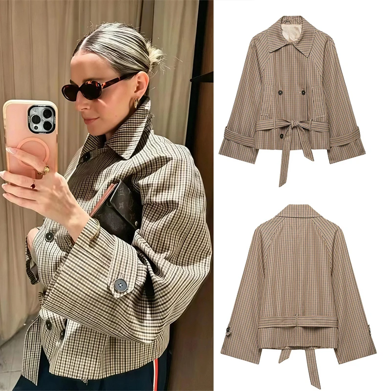 Guobioziy 2026 Autumn Short Trench Coat Retro Fashion Long Sleeves Double-Breasted Front Adjustable Waist Belt Notched Collar