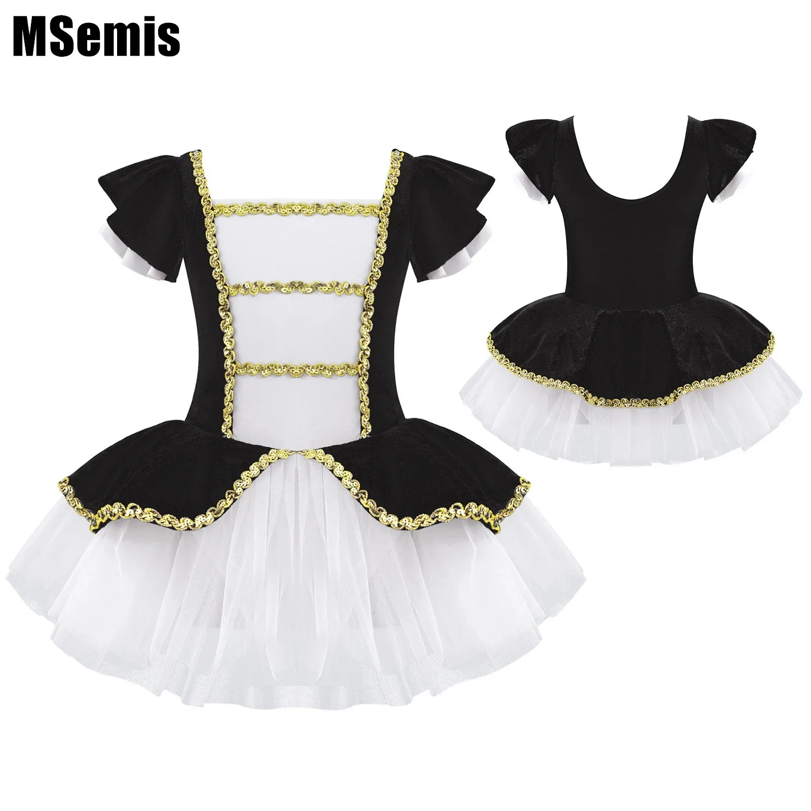 

Kids Girls Sequins Medieval Dance Dress Patchwork Jumpsuit with Adorned Mesh Hem Square Neck Short Sleeves