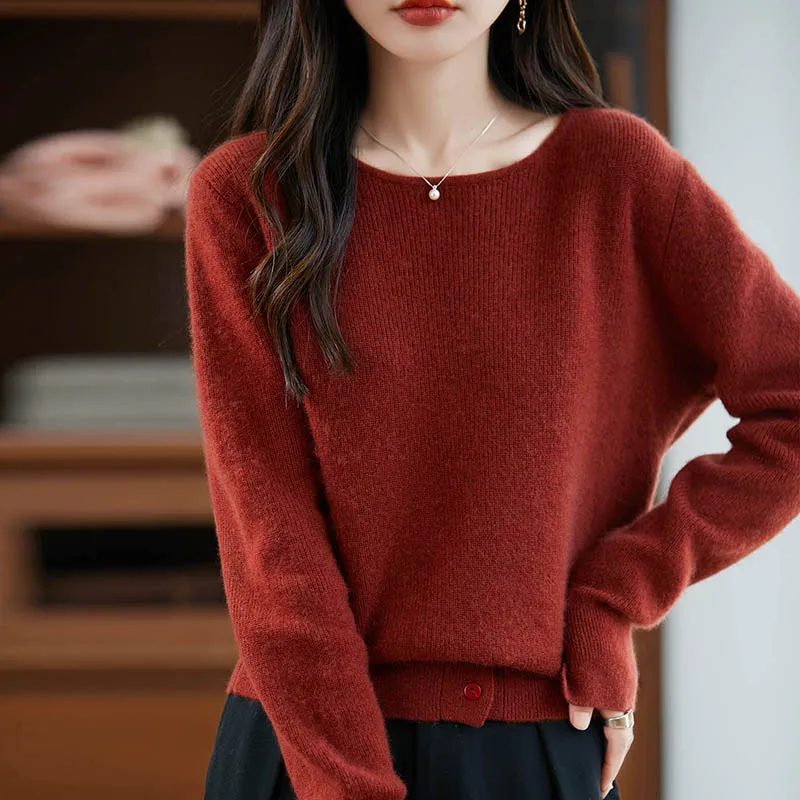 Женский свитер на осень-зиму, 100% мериносовый подол с плоским вырезом и разрезными рукавами-бабочками, кашемировый мягкий теплый свитер, корейские модные топы