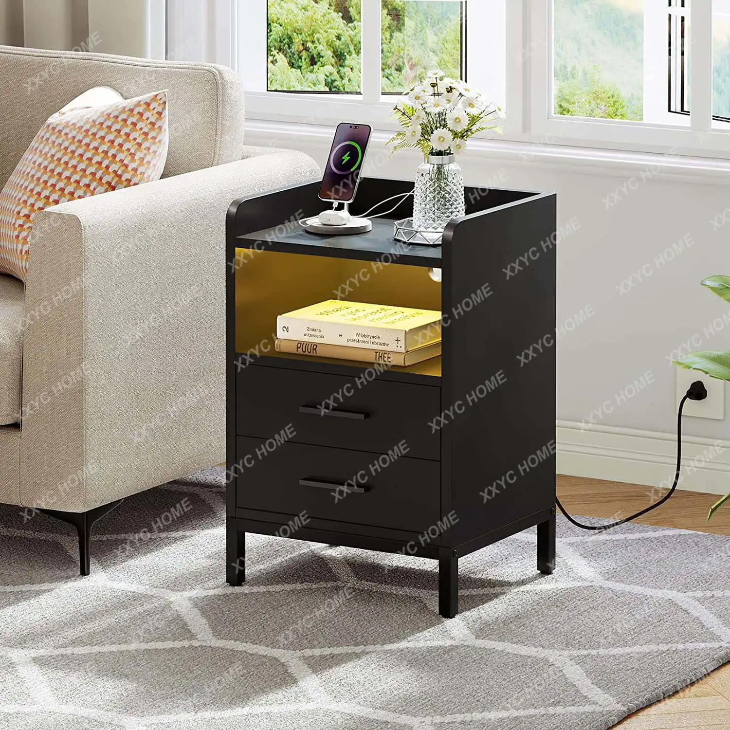 Black Night Stand with LED Lights and Charging Station, End Bedside Table with 2 Drawers, Open Storage