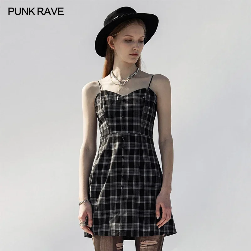 

PUNK RAVE Women's Gothic Sexy Plaid Slim Slip Dress Daily Wear Fit Sleeveless Breathable Chiffon Ghost Rivets Buttons