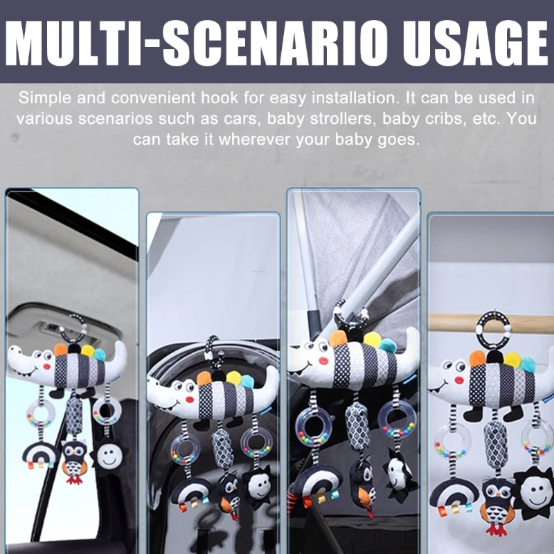 Recém-nascidos brinquedo desenvolvimento macio pelúcia animal móvel com padrões preto branco para carrinho cama segurança