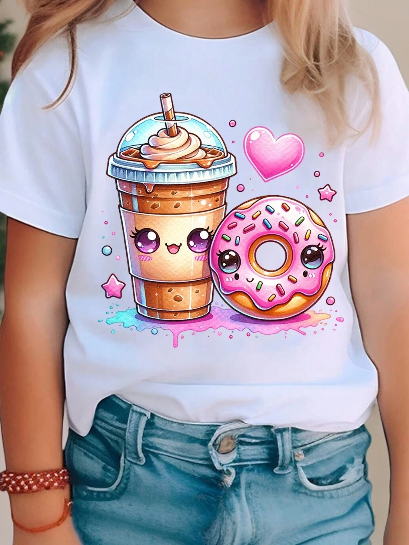 

Girls Bubble Tea & Donut Print T-shirts Short Sleeve Round Neck Casual Tops Bubble Tea Lover Gifts Cartoon Clothes Child Girl