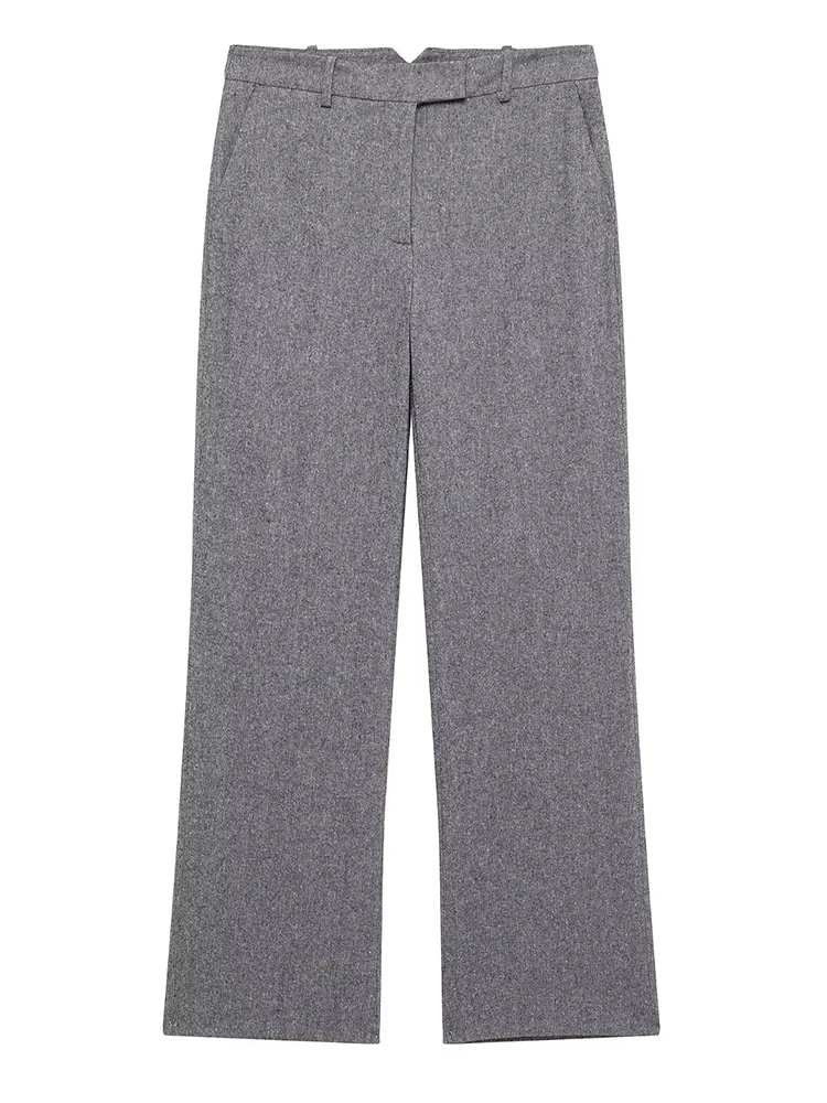 

Willshela Women Fashion Grey Front Zipper Straight Pants Vintage Mid Waist Full Length Female Chic lady Trousers