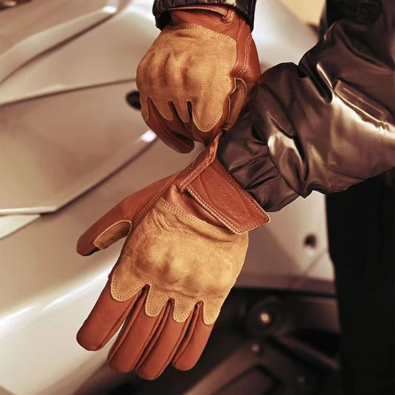 Head layer cowhide retro motorcycle gloves, riding leather gloves, anti drop, windproof touch screen, wear-resistant