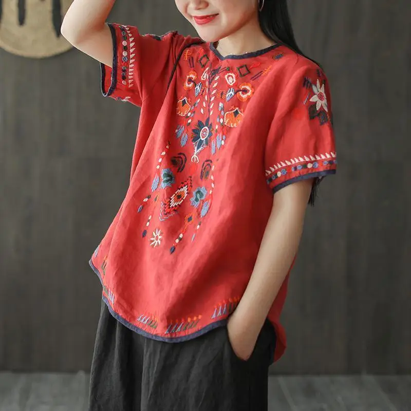 Vintage Ethnic Style Embroidery Cotton Linen Top Blouse Women Vacation Summer Casual Loose Short Sleeve All Match Shirts Blusas