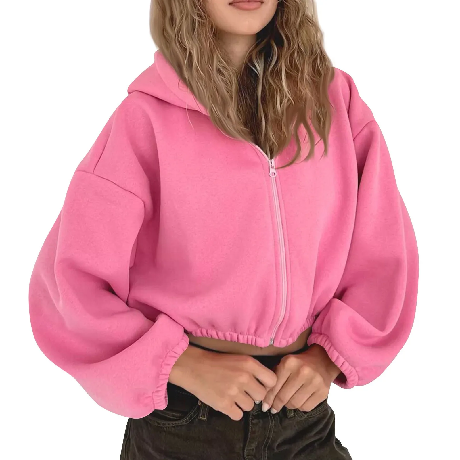 Womens Zip Up Y2k Hoodies Long Sleeve Spring Autumn Oversized Casual Solid Color Short Sweatshirts Jacket Ropa De Mujer