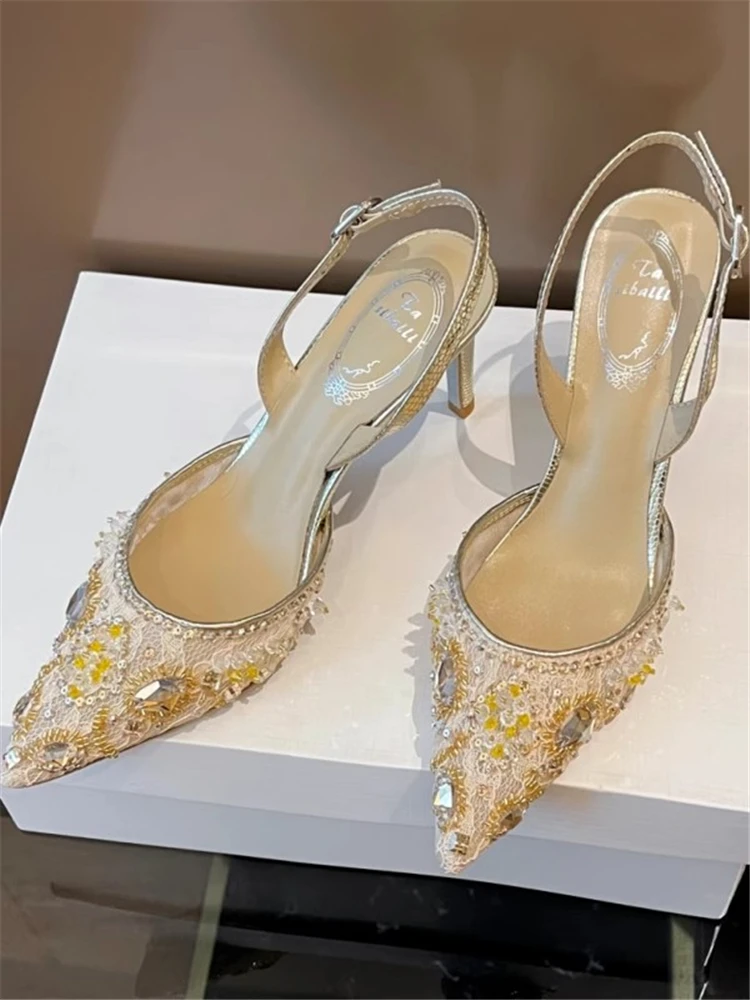 

Stiletto wedding shoes summer new pointed lace mesh beeed rhinestone sandals banquet large size small size women's shoes