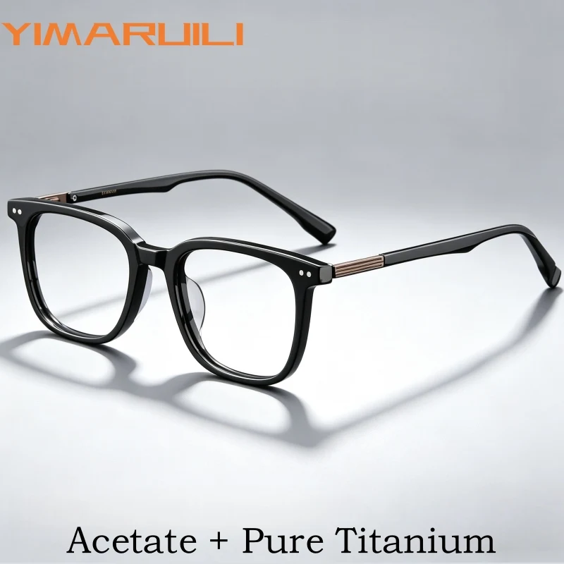 

YIMARUILI Fashion Trendy Men Square Glasses High Quality Luxury Pure Titanium Acetate Retro Ultra Light Eyeglasses Frame T23002