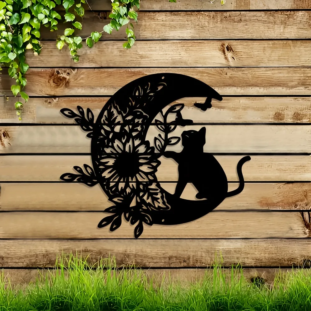 2D Black Cat Moon Metal Wall Art, Gothic Mandala Statue for Indoor Home Decor