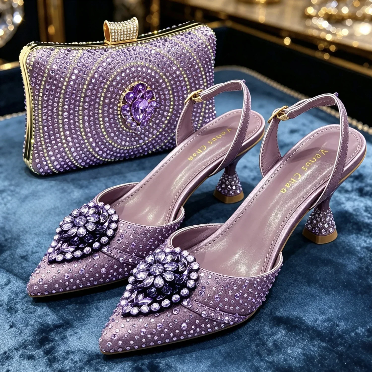Crystal Rhinestone Heels & Clutch Bag Set Pointed Slingback Heels Women Wedding Prom Party Elegant Formal Matching Shoe Purse