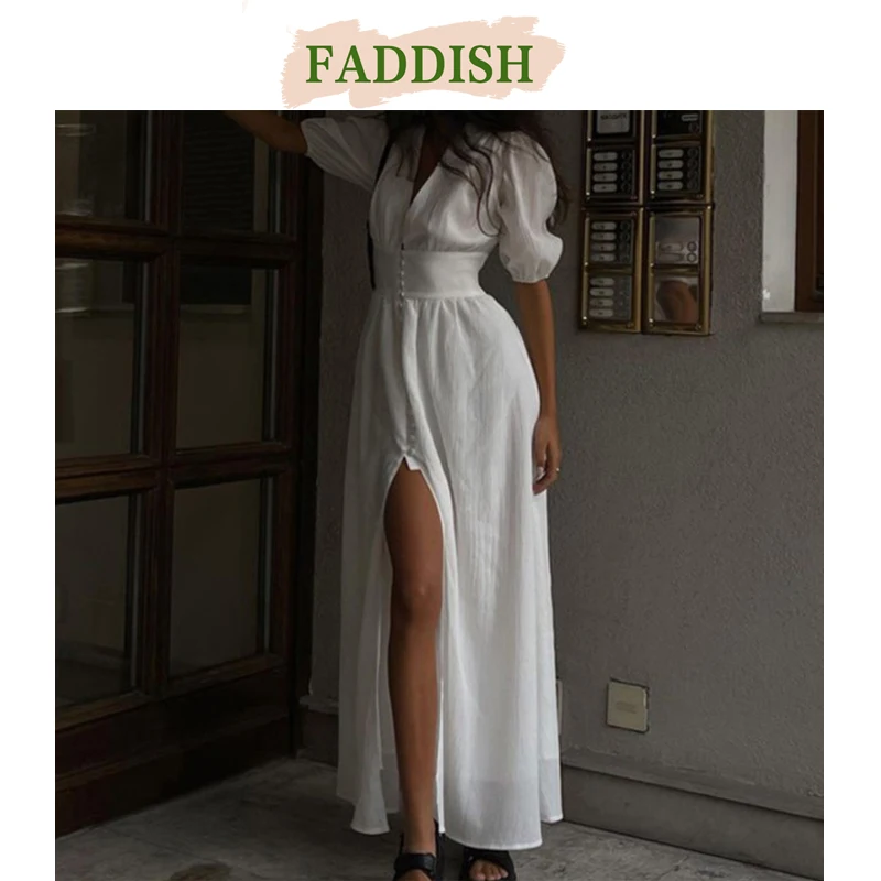 FADDISH 2024 Women Fashion Slim Single-Breasted V-Neck Midi Dress Female Solid Color Casual Short Sleeve Elegant Party Dresses