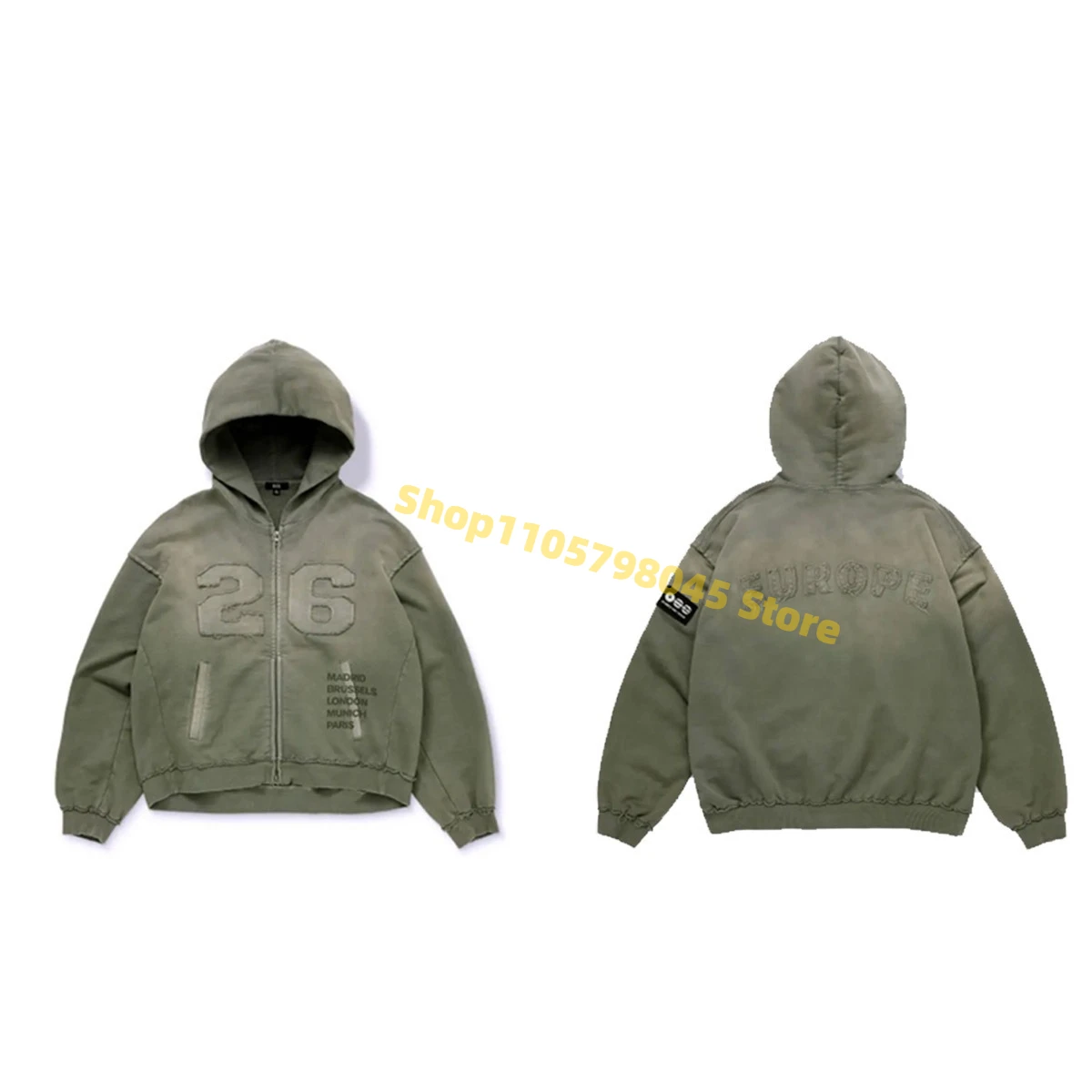 2026 Tour Army Green Distressed Zip‑Up Hoodie Patch Embroidery Loose Oversized Hooded Jacket ARIRANG Same Style Casual Coat
