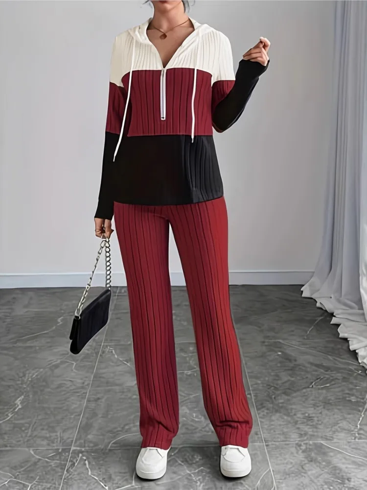 

Осенний вязаный свитшот с капюшоном и цветными блоками, длинные брюки, комплект из 2 предметов, женский повседневный модный топ с полумолнией, вязаный комплект длинных брюк