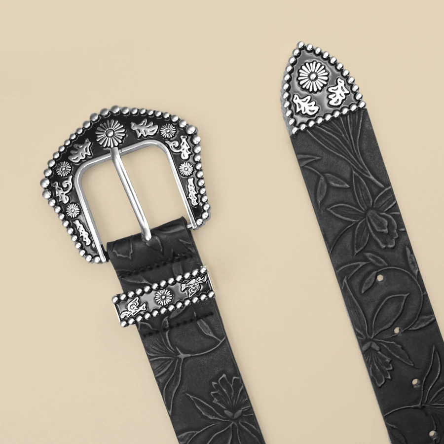 حزام نسائي غربي أنيق عتيق - إبزيم منحوت أسود عصري مع طباعة أوراق رقيقة، زخرفة كلاسيكية غير رسمية