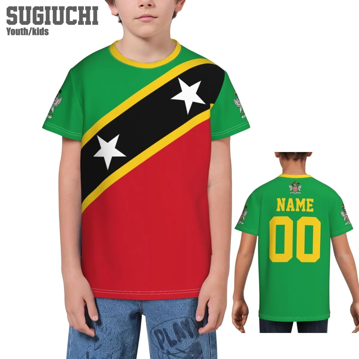 T-shirt 3D personnalisé avec emblème de Saint Kitts-et-Nevis pour enfants, maillot de football, tee-shirt de football, cadeau pour garçon et fille, nom et numéro