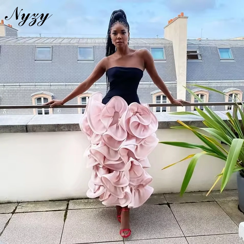 

NYZY C617 Satin Organza Flowers Event Occasion Party Cocktail Gowns Customized Strapless Prom Evening Dresses with Ruffles 2025