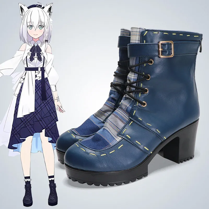 Anime Hololive Shirakami Fubuki Cosplay Shoes Blue Short PU Leather Boots For Halloween Carnival