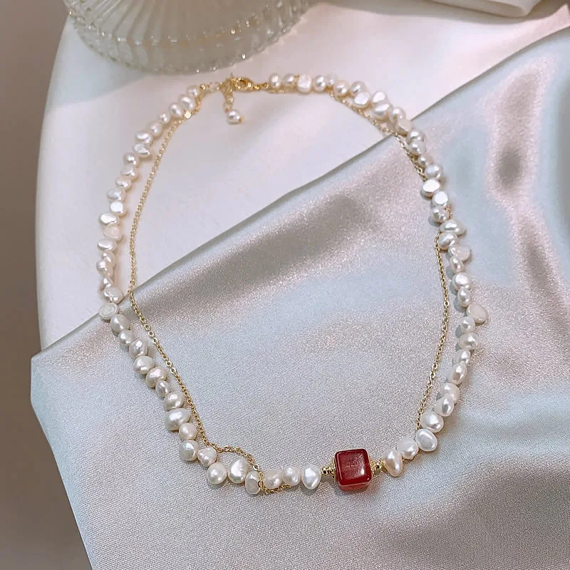 

New Arrival Elegant Natural Freshwater Pearl & Square Strawberry Quartz 14K Gold Filled Female Necklace Jewelry For Women Gifts