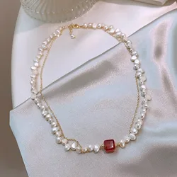 New Arrival Elegant Natural Freshwater Pearl & Square Strawberry Quartz 14K Gold Filled Female Necklace Jewelry For Women Gifts