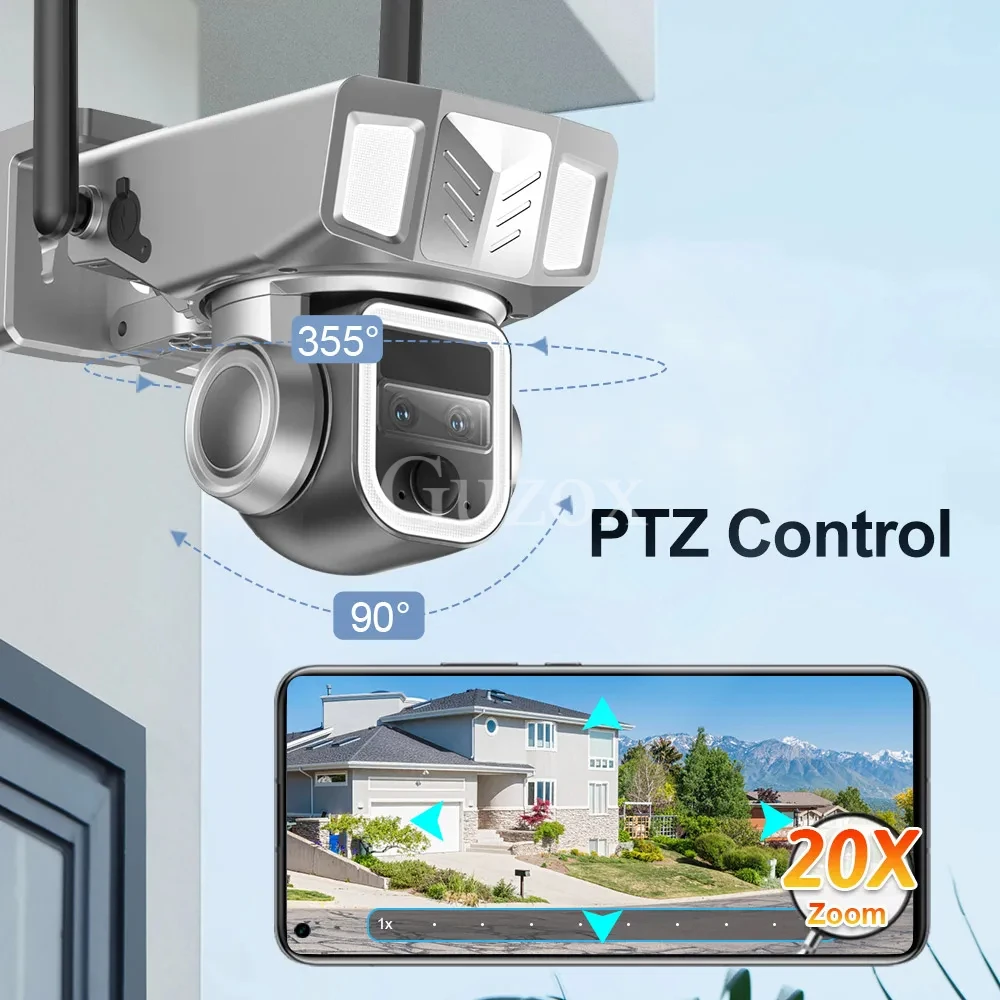 Guzox 20X Zoom PTZ Cam 2K 4MP WiFi telecamera di sicurezza solare IP66 Outdoor 4G Dual Lens Human Auto Tracking P2P Survelliance Camera