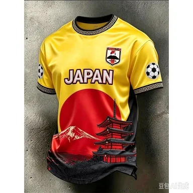 2026 Soccer Jersey 3D Japan Pagoda Mount Fuji Print Unisex Red Sun Temple Graphic Short Sleeve Football Fan Game Day Casual Tee