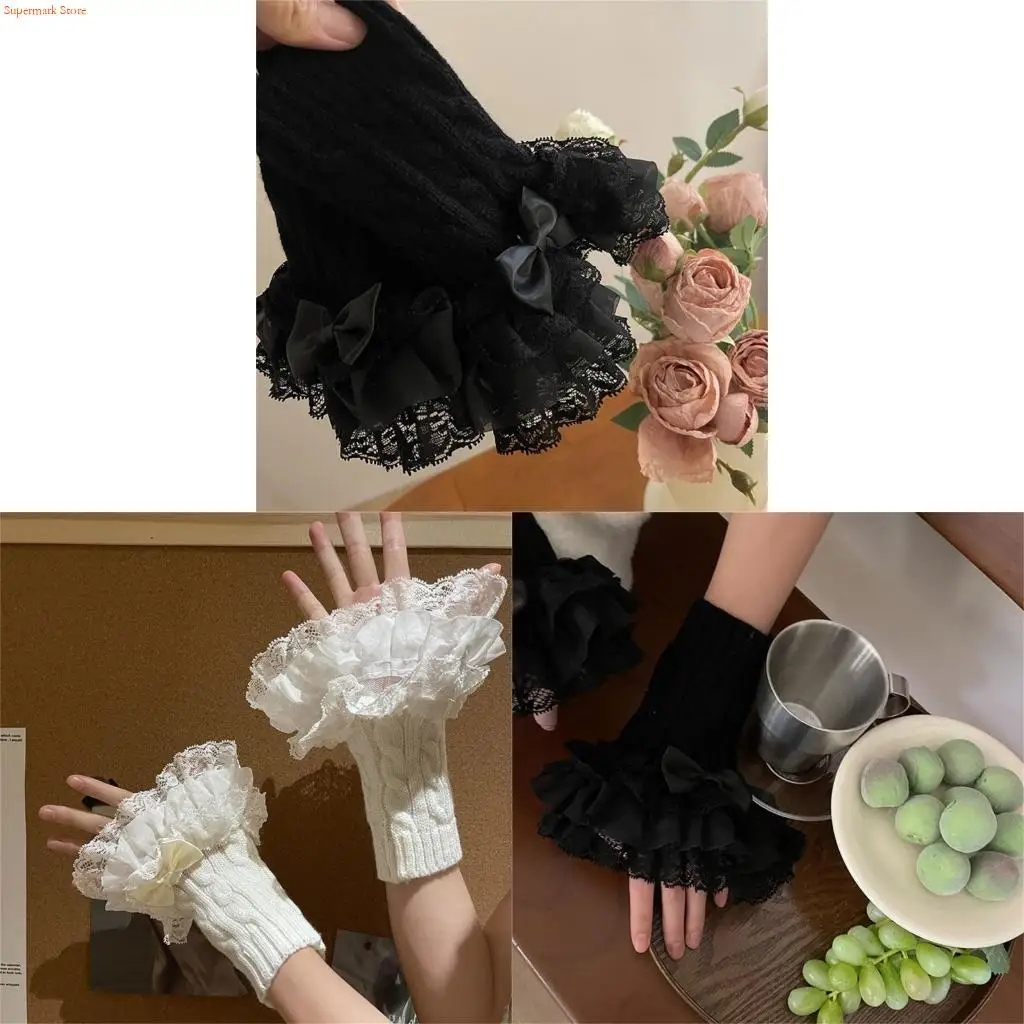 Q5WE Vintage Knitting Floral Lace Wrist Gloves Y2K Wrist Gloves Wristband Lace Cuff
