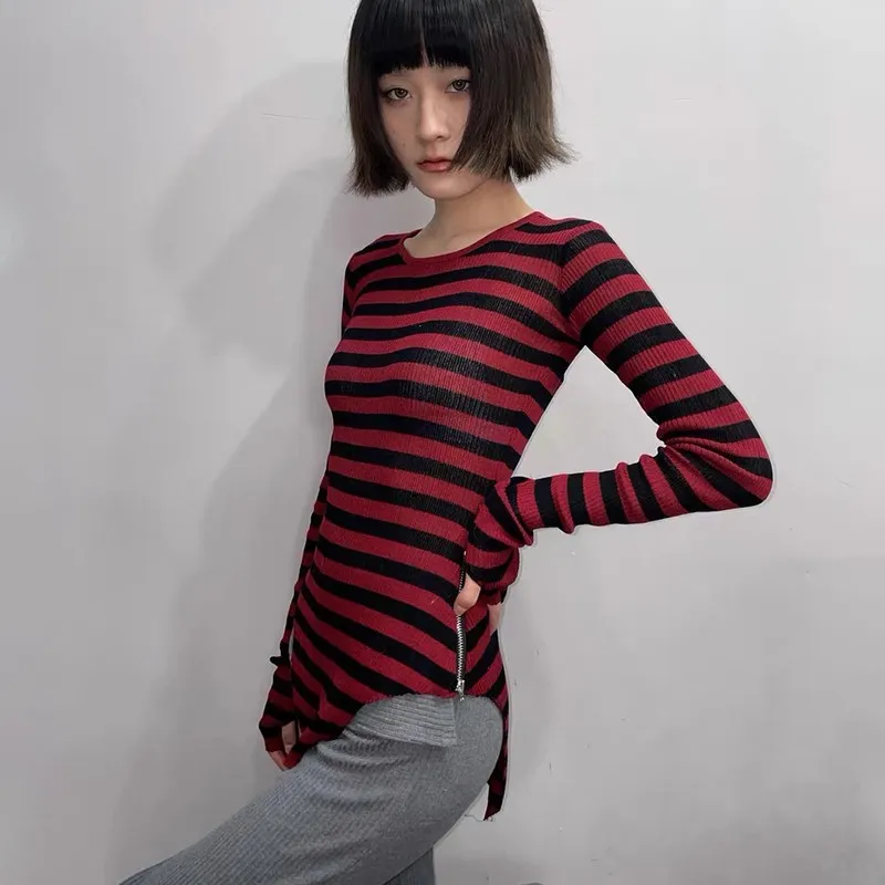 Karrcat Grunge Aesthetics Knitted Tops Vintage Irregular Ribbed T-shirt Gothic Red Stripes Long Sleeve Tshirt Punk Alt Knitwear