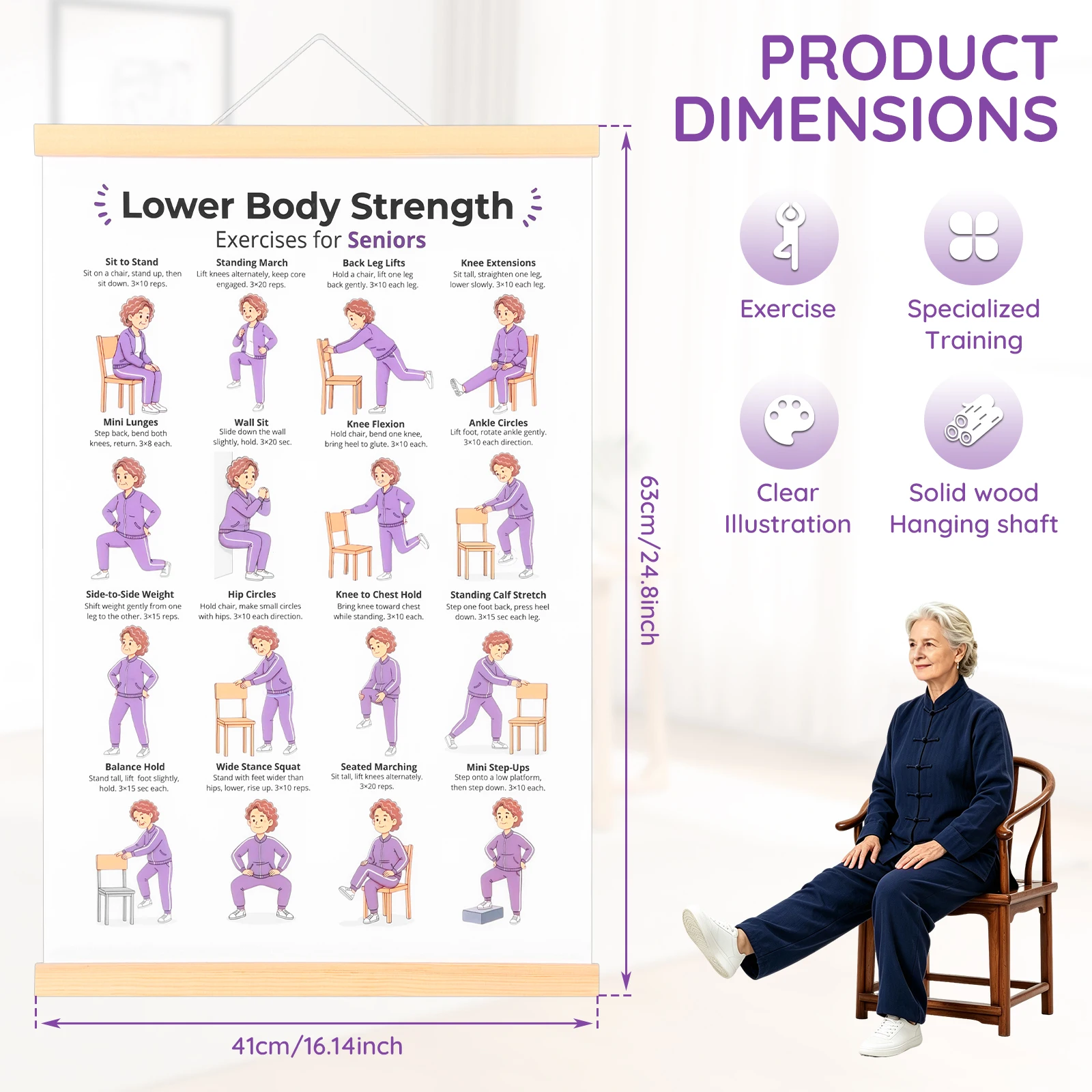 Yoga Challenge Poster Fitness Exercise Schedule Poster with Wooden Hanging Frame Water Resistant Chair Yoga Poster for Senior